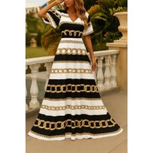 Defy Moda Kadın Kısa Kollu V Yakalı Desenli Süprem Elbise