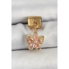 316L Çelik Sallantılı Zirkon Taşlı Çiçek Figürlü Kelebek Model Gold Renk Nomination Charm