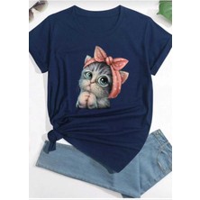 Sevimli Kedi Baskılı Oversize Basic O Yaka Unisex T-Shirt