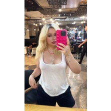 Beyaz Tiril Hafif Transparan Derin Yuvarlak Yaka Bluz