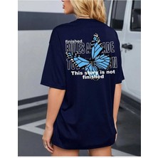 Malkoçbey Mavi Sırt Kelebek  Baskılı Oversize Unisex Basic T-Shirt