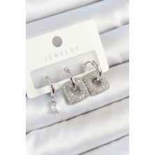 Pirinç Zirkon Taşlı Kare Model Gümüş Renk 3'lü Çift Kadın Küpe Set