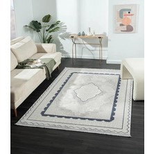 Karmen Halı Dark DK016M Gri Halı Mavi Kenar Çerçeveli Göbekli Akrilik Tozuaz Modern Salon Halısı Koridor Halısı