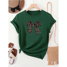 Trend Sizde Leopar Desenli Kurdele Özel Tasarım Ön Baskılı Tasarım Tshirt
