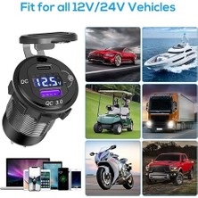 USB Şarj Soketi, 36 W Qc3.0 USB A ve USB C Soket Çift Ekran Voltmetre Gerilim ile 12/24 V Araba Deniz Gerilim Göstergeli Pd Qc3.0 Soketli 12V Modifiye Araç USB Şarj Cihazı