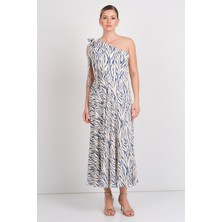 Ekol Kadın Tek Omuzlu Fiyonklu Elbise 5146 Mavi