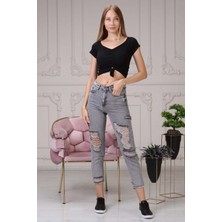 The Bark Lazer Kesim Mom Jean Kadın Pantolon 1037-901 Gri