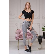 The Bark Lazer Kesim Mom Jean Kadın Pantolon 1037-901 Gri