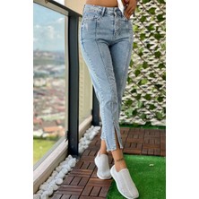 The Bark Önden Yırtmaçlı Kadın Mom Jean Pantolon 4074-830 Açık Mavi