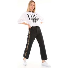 The Bark Yazı Detaylı Geniş Paça Kadın Jean Pantolon 4288-520 Siyah
