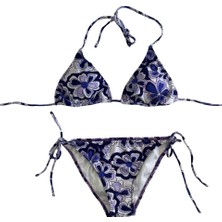 Kadın Lila Çiçek Desenli Boyundan Ip Bağlamalı Üçgen Bikini Takımı HZL25S-LC5005