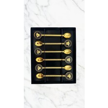 Lüks Gold Çay Kaşığı Seti – Siyah Versace Model Detaylı 6’lı Metal Kaşık (Kahve & Çay Sunumları Için )