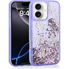iPhone 16 Uyumlu Kılıf Sıvılı Simli Kelebek Baskılı Şeffaf Arka Yüzey Kflg Glis Silikon Kapak-Mor