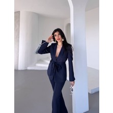 Kadın Ikili Kuşaklı Blazer Ceket Pantolon Takım