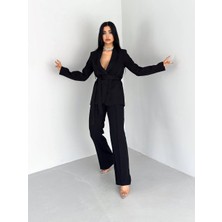 Kadın Ikili Kuşaklı Blazer Ceket Pantolon Takım