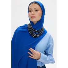 Freya Müslin Saks Mavi Püsküllü Bürümcük Pamuklu Şal