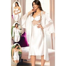 Xses 1005 Kadın Ekru Çeyizlik Dantelli Saten 6 Lı Takım