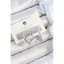 Pirinç Zirkon Taşlı Yıldız ve Halka Model Gümüş Renk 3'lü Çift Kadın Küpe Set