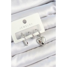 Pirinç Zirkon Taşlı Kalp Model Gümüş Renk 3'lü Çift Kadın Küpe Set
