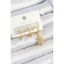 Pirinç Zirkon Taşlı Kutup Yıldızı Model Gold Renk 3'lü Çift Kadın Küpe Set