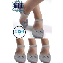 Hitit Socks Kadın 3 Çift Premium Kalite Kedi Desenli Tül Çorap Gri