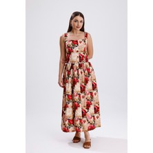 Bel Kemerli Önü Düğmeli Çiçekli  Uzun Elbise | ELB36268 Büyük Güllü