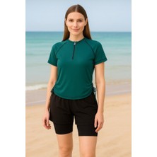 Tesmay 24156 Haki  Kısa Kol Yarım Fermuarlı Hızlı Kuruyan Kumaş Şortlu Taytlı Yarı Kapalı Mayo