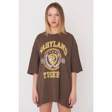 Baskılı Oversize Kahverengi T-Shirt