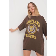 Baskılı Oversize Kahverengi T-Shirt