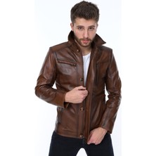 Deri Work Hakiki Deri Kahverengi Düğmeli Angelo Erkek Deri Ceket