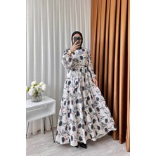 Neşeli Butik Kadın Keten Desenli Tesettür Elbise SMS002 - Siyah