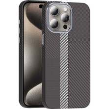 Mastersonic iPhone 15 Pro Max Kılıf Magsafe Şarj Özellikli Karbon Fiber Görünümlü Mtsc Gros Kapak - Gri-Siyah