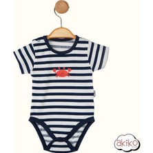 Kısa Kol Bebek Badi Çizgili Yengeç Detaylı Çıtçıtlı Unisex Bebek Yenidoğan Badi 0-1 Yaş Zıbın