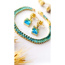 Küpe Sallantılı ve Bileklik Su Yolu Mavi Zirkon Taş Altın Kaplama 316 L Çelik  2'li Set