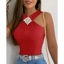 Alinn Butikk Kadın Yakası Önden Çaprazlı Taş Detaylı Viskon Bluz