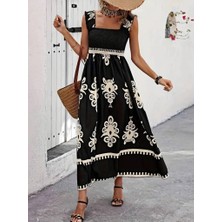 Arben Boutique Kadın Askılı Kare Yaka Gipe Detaylı Desenli Suprem Elbise