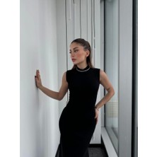 Arben Boutique Kolsuz Yarım Bogazlı Uzun Elbise- Siyah