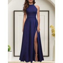 Arben Boutique Kadın Halter Yaka Derin Yırtmaç Detaylı Tam Boy Janjan Krep Abiye Elbise