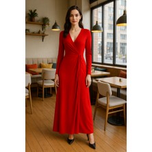 Arben Boutique Kadın Kruvaze Yaka Toka Detay Maxi Boy Elbise