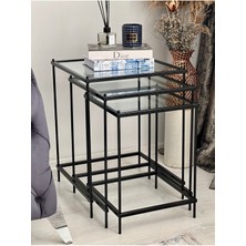 Brad 3'lü Metal Camlı Zigon Yan Sehpa Siyah-Şeffaf