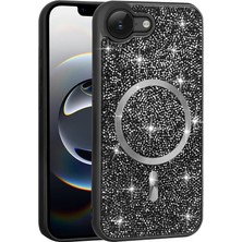 iPhone 16E Kılıf Pırlanta Tasarımlı M-Safe Şarj Özellikli Btbm Mozaik Silikon Kapak - Titanyum-Gri