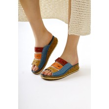 Hakiki Deri Joelle Mavi Comfort Lazer Kesim Terlik