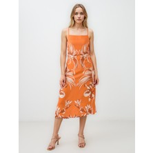 Jimmy Key Turuncu Floral Desenli Askılı Düz Yaka Midi Elbise