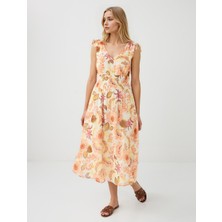 Jimmy Key Sarı Floral Desenli V Yaka Kolsuz Midi Elbise