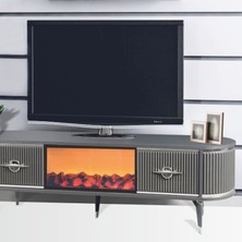Neva Mobilya Maya Şömineli Tv Sehpası Antrasit Gümüş Oval 2 Kapaklı 1 Çekmeceli Metalik Detaylı 180x40x53 Cm