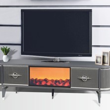 Neva Mobilya Maya Şömineli Tv Sehpası Antrasit Gümüş Oval 2 Kapaklı 1 Çekmeceli Metalik Detaylı 180x40x53 Cm