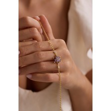 925 Ayar Gümüş Gold Kaplama Doç Zincirli Mor Taşlı Lotus Çiçeği Bileklik