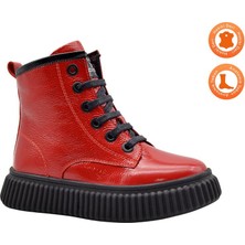 Lilly Bağcıklı ve Fermuarlı Deri Kız Çocuk Bot Kırmızı