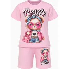 Lolli Boom Kids Bestie Siyah ve Pembe Renk Kız Çocuk Takım - Ayıcık Baskılı Tişört & Şort 2'li Set