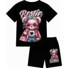 Bestie Siyah ve Pembe Renk Kız Çocuk Takım - Ayıcık Baskılı Tişört & Şort 2'li Set